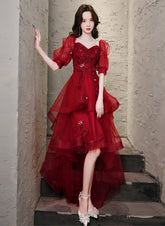 Wine Red High low Short Sleeves Homecoming Dress
