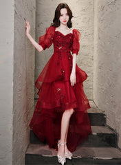 Wine Red High low Short Sleeves Homecoming Dress
