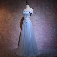 Charming Blue Elegant Tulle Party Dress with Lace Applique