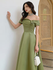 A-line Green Satin Off Shoulder Long Party Dress