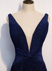 Vestido de fiesta largo azul marino con escote en V y corte A