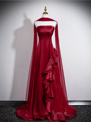 Strapless Wine Red Formal Gown With Organza Skirt
