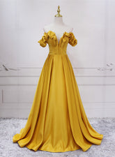 Gold Satin A-line Sweetheart Long Junior Prom Dress