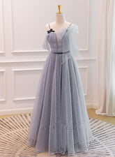 Grey A-line Straps Tulle Floor Length Party Dress