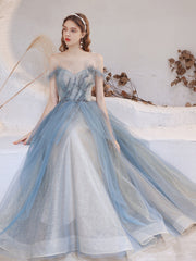 Blue Sweetheart Tulle Beaded Long Evening Dress Party Dress
