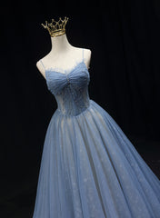 Blue Straps Beaded Tulle A-line Long Party Dress