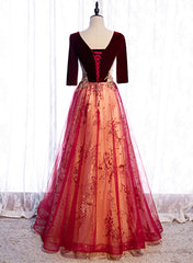 Vestido de fiesta largo de terciopelo rojo vino con mangas 1/2 y encaje