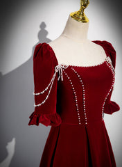 Wine Red Velvet Short Sleeves Long Prom Dress