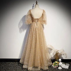 Champagne Tulle Chich Long Puffy Sleeves Party Dress Formal Dress