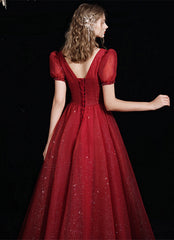 Wine Red Short Sleeves Tulle V-neckline Long Prom Dress