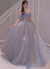 Light Blue Sweetheart Off Shoulder A-line Long Prom Dress