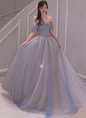 Light Blue Sweetheart Off Shoulder A-line Long Prom Dress
