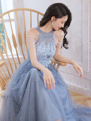 Blue Beaded and Lace Applique Long Party Dress