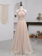 Vestido de noche formal largo con cuello halter de tul con cuentas rosas