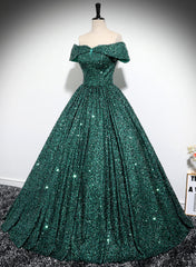 Dark Green Sequins Off Shoulder Ball Gown Prom Dress