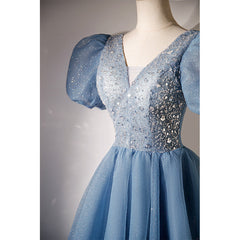 Blue Beaded Tulle Short Sleeves Formal Dresses