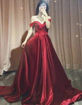 Dark Red Satin Long Prom Dresses
