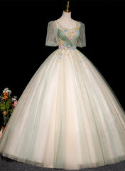 Lovely Green and Champagne Tulle Long Formal Dress