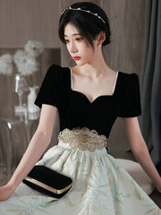 Lovely Short Sleeves Satin and Velvet Party Dress