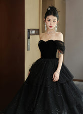 Black Off Shoulder Sweetheart Velvet and Tulle Prom Dress
