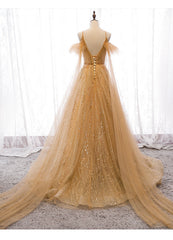 Vestido de fiesta largo hasta el suelo con escote en V, encaje de tul color champán y cuentas