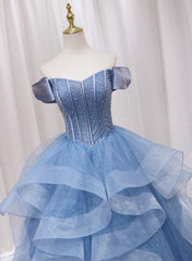 Blue Beaded Off Shoulder Tulle Long Formal Dress