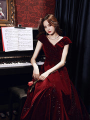 Vestido largo de fiesta de terciopelo rojo vino con escote en V