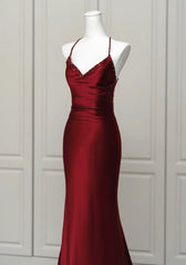 Wine Red Satin Mermaid Straps Low Back Prom Dress