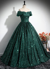 Dark Green Sequins Off Shoulder Ball Gown Prom Dress