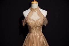 Charming Champagne Tulle Halter Long Party Gown