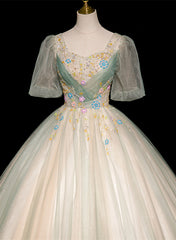 Lovely Green and Champagne Tulle Long Formal Dress