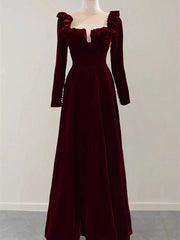 Vestido de fiesta de terciopelo rojo vino con mangas largas y cuentas