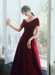 Wine Red Velvet Simple A-line Long Wedding Party Dress