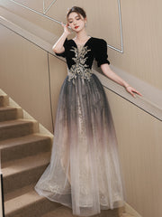 Black Gradient Tulle and Velvet Short Sleeves Party Dress