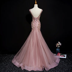 Pink Mermaid Tulle Long Evening Dress with Lace