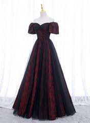 Vestido de fiesta largo con escote en forma de corazón de encaje negro y rojo