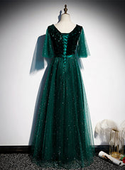 Vestidos de fiesta de boda largos de tul brillante con escote en V verde