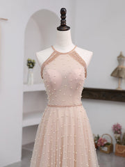Vestido de noche formal largo con cuello halter de tul con cuentas rosas