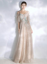Light Champagne Sequins and Tulle A-line Prom Dress