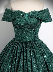 Dark Green Sequins Off Shoulder Ball Gown Prom Dress