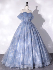 Blue Off Shoulder Ball Gown Floral Tulle Party Dress