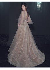 Sexy Champagne Tulle V Back Long Evening Dress Party Dress