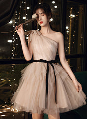 Champagne One Shoulder Tulle Short Party Dress