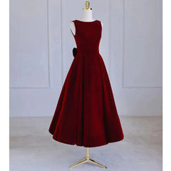 Wine Red Tea Length Velvet Party Dress with Bow