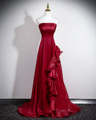 Strapless Wine Red Formal Gown With Organza Skirt