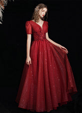 Wine Red Short Sleeves Tulle V-neckline Long Prom Dress