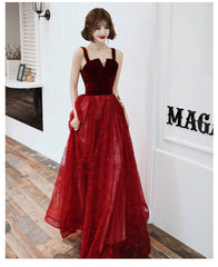 Wine Red A-line Floor Length Velvet and Tulle Straps Evening Dress Prom Dress