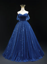 Vestido de fiesta de tul azul marino con escote en forma de A y corte en A