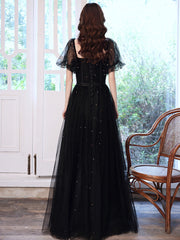 Black Off Shoulder Tulle Long Party Dress