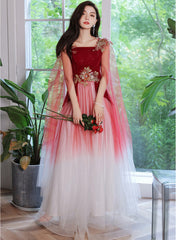 Vestido largo de fiesta de boda con flores y tul degradado rojo